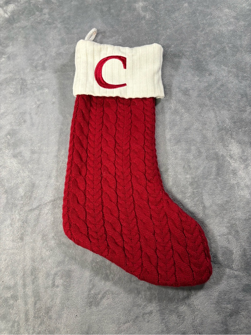 Monogram Cable-Knit Christmas Stocking - Red & Cream C Initial